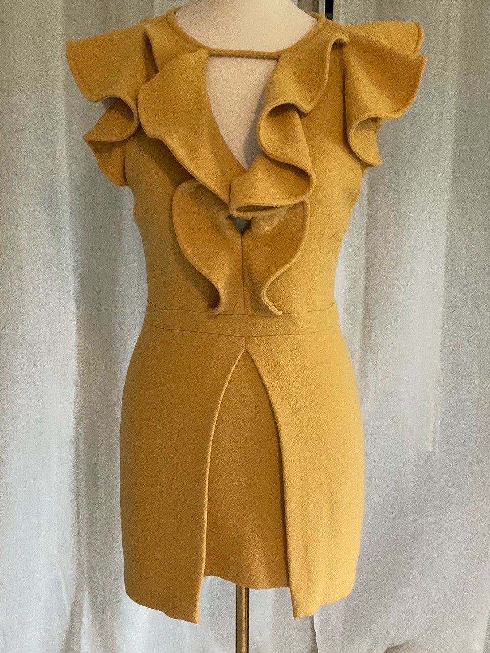 Jo No Fui Italy 100% Wool Sculptural Ruffle Cocktail Dress TG42 US 6 Mustard